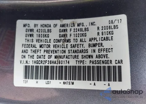 2017 Honda Accord Lx из США, поврежденный, VIN 1HGCR2F36HA280174